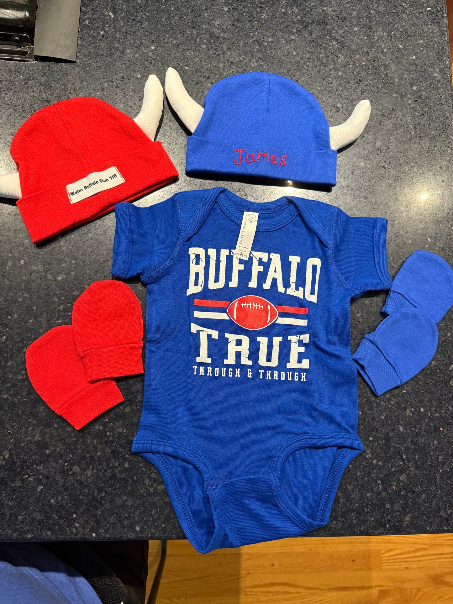 Newborn Baby Cotton Beanie with Horns with matching mittens