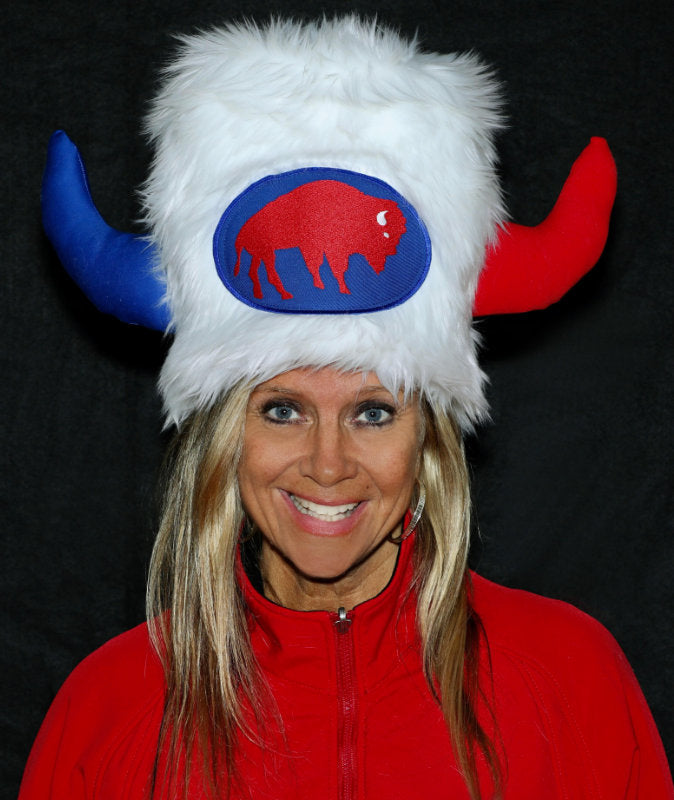 White DELUXE Handmade Hat - with a red and blue horn